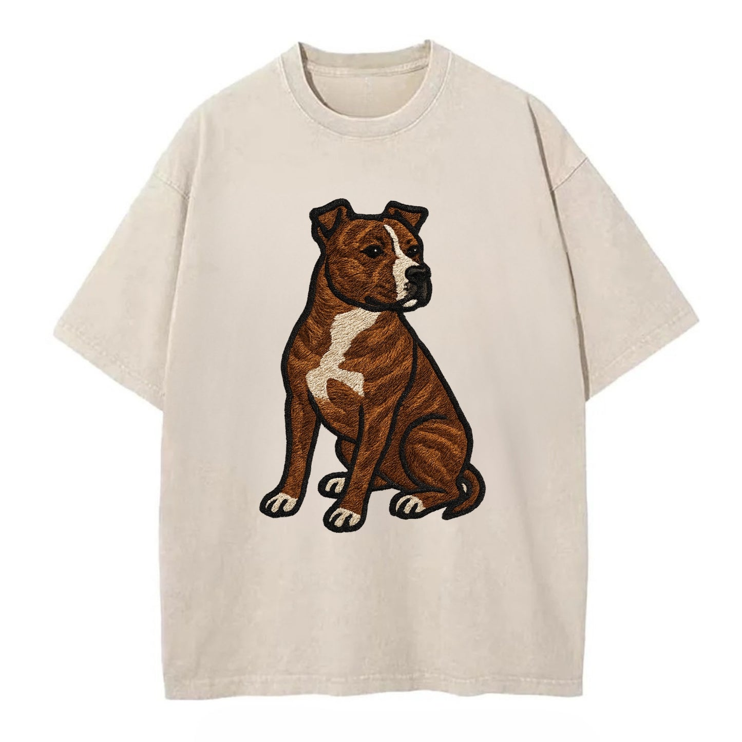 American Staffordshire Terrier - Brindle embroidered pose - Vintage T-shirt - Off White