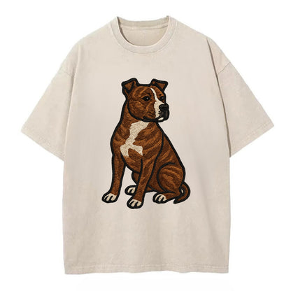 American Staffordshire Terrier - Brindle embroidered pose - Vintage T-shirt - Off White