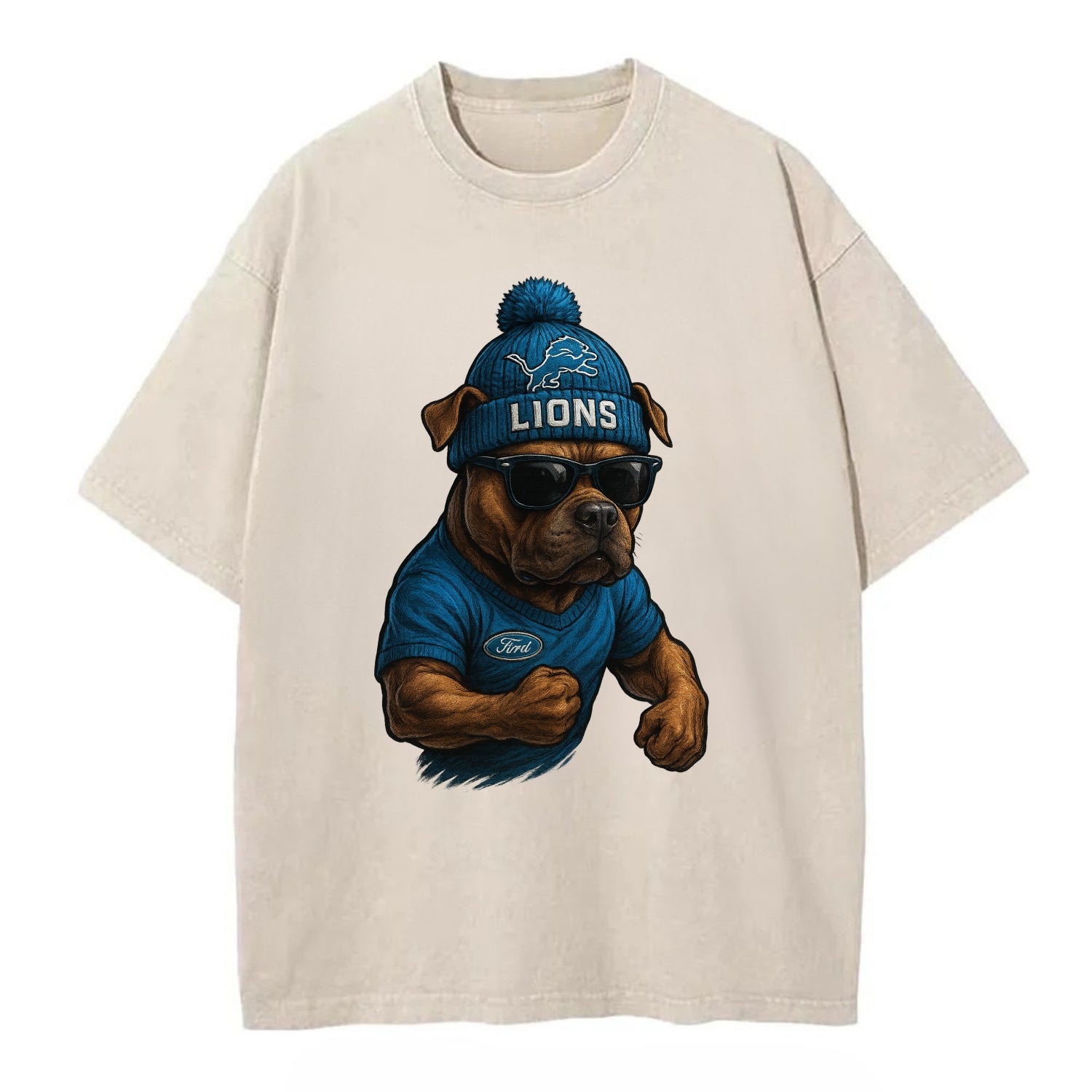 Detroit Pitbull wearing Lions beanie with auto patch and wayfarer sunglasses - Vintage T-shirt - Off White