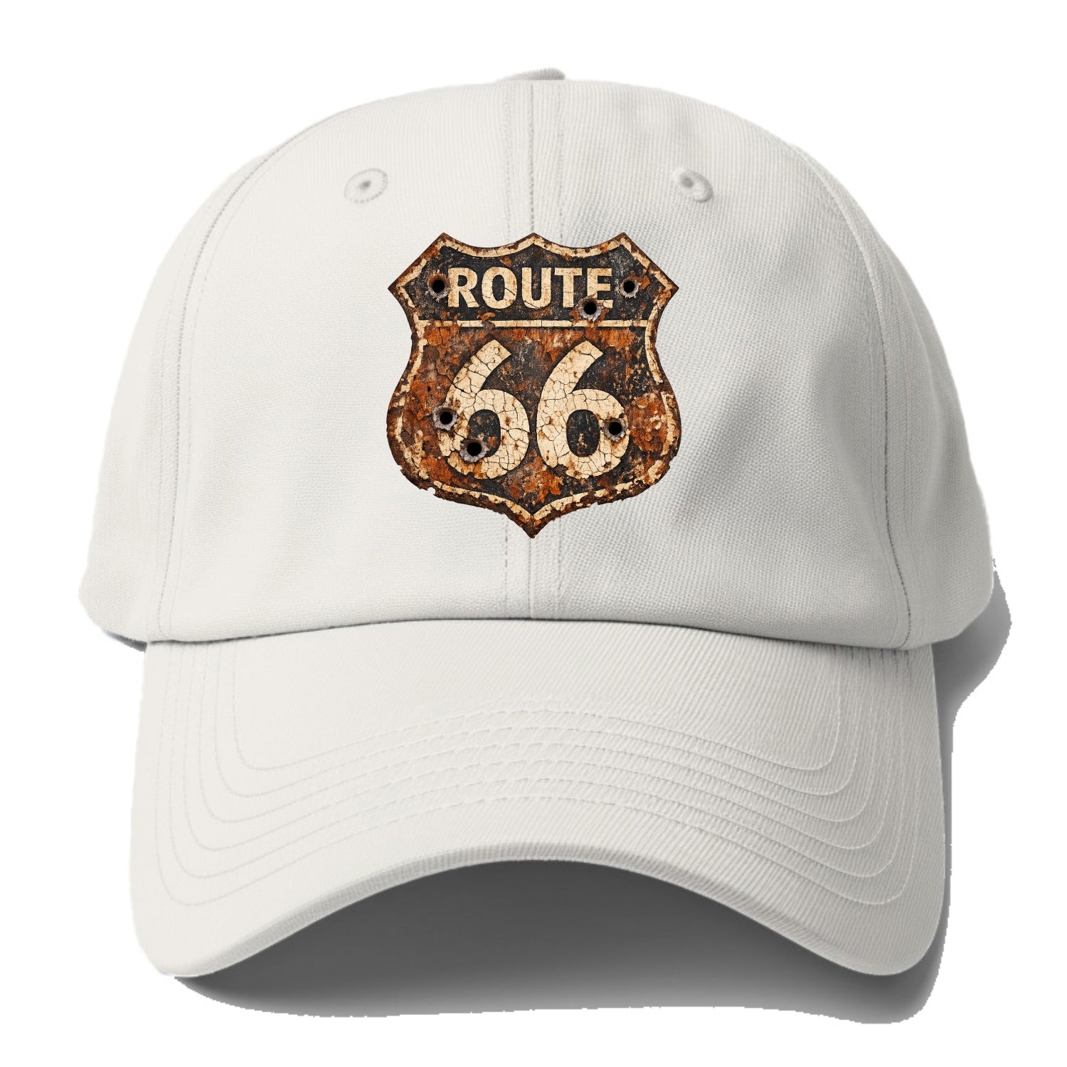 WEATHERED MARKER | Rust-aged Route 66 sign | Desert sun-bleached | Bullet holes - Baseball Cap - Off White