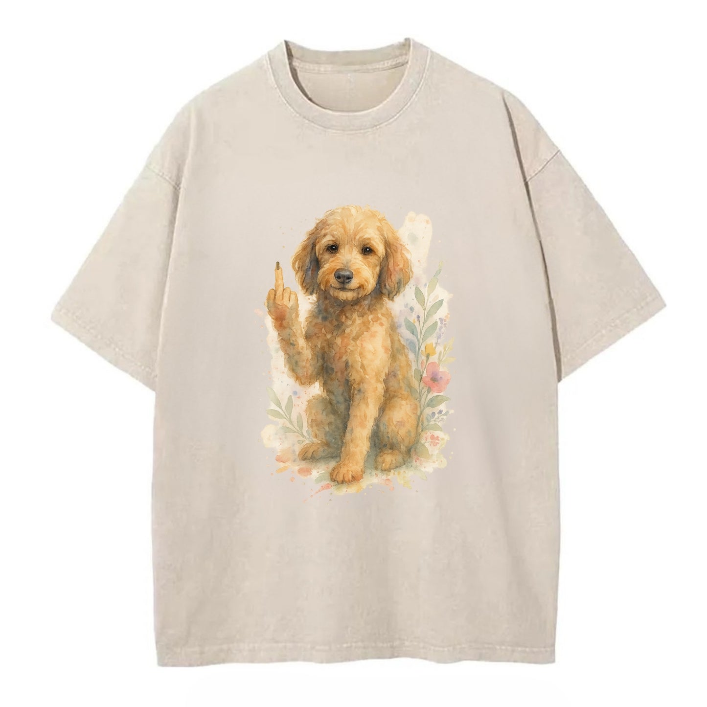Labradoodle hypoallergenic with wavy coat, intelligent eyes, paw raised - Vintage T-shirt - Off White