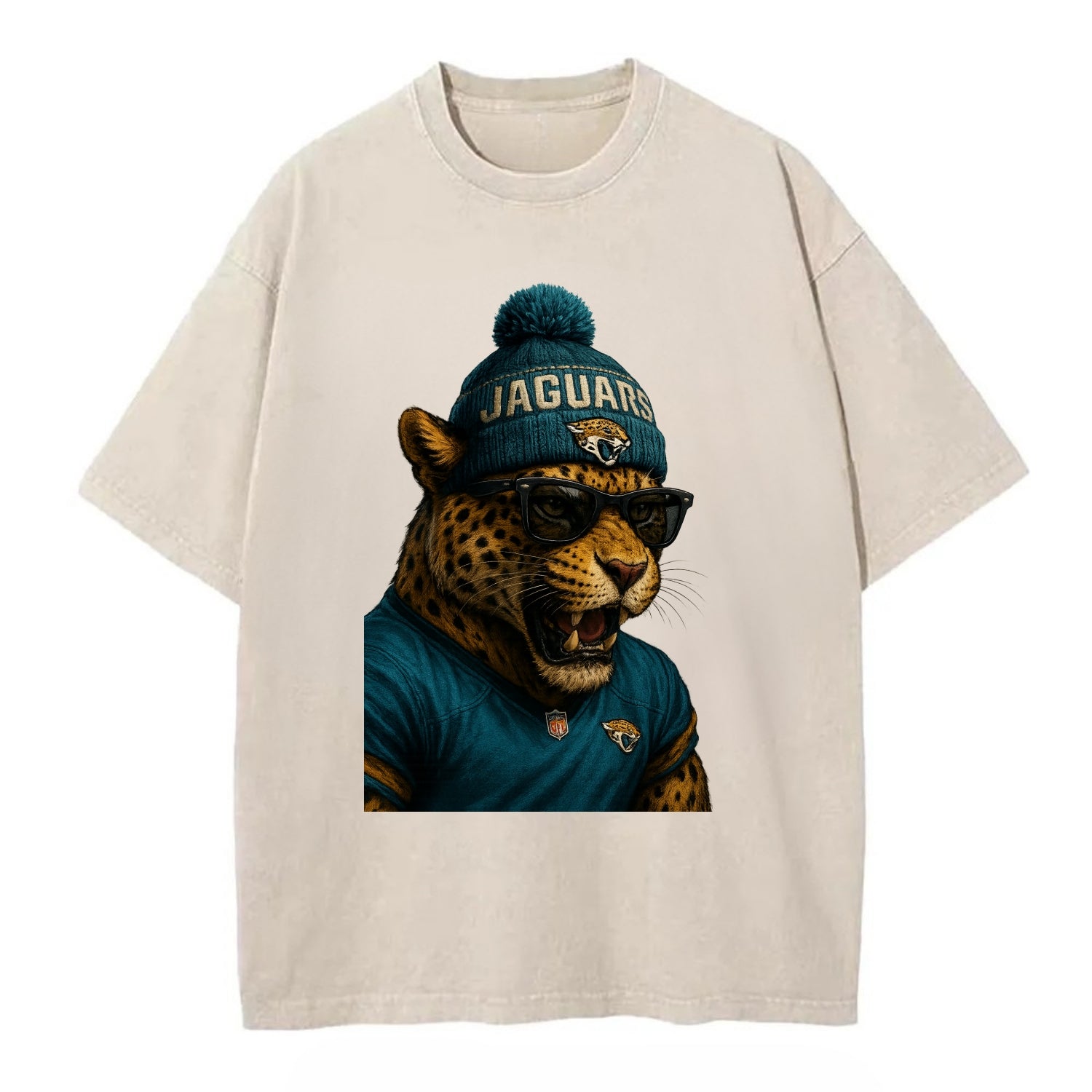Jacksonville Jaguar wearing Jaguars teal and gold beanie with pom pom and - Vintage T-shirt - Off White