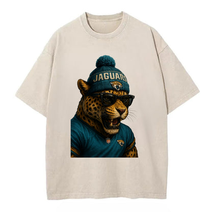 Jacksonville Jaguar wearing Jaguars teal and gold beanie with pom pom and - Vintage T-shirt - Off White
