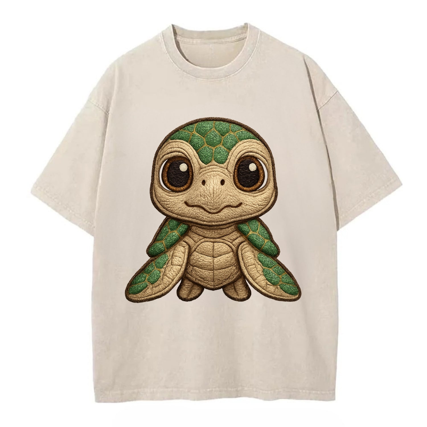 Baby Green Sea Turtle - emerald shell, large innocent brown eyes, tiny flippers, - Vintage T-shirt - Off White