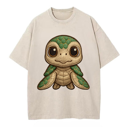 Baby Green Sea Turtle - emerald shell, large innocent brown eyes, tiny flippers, - Vintage T-shirt - Off White