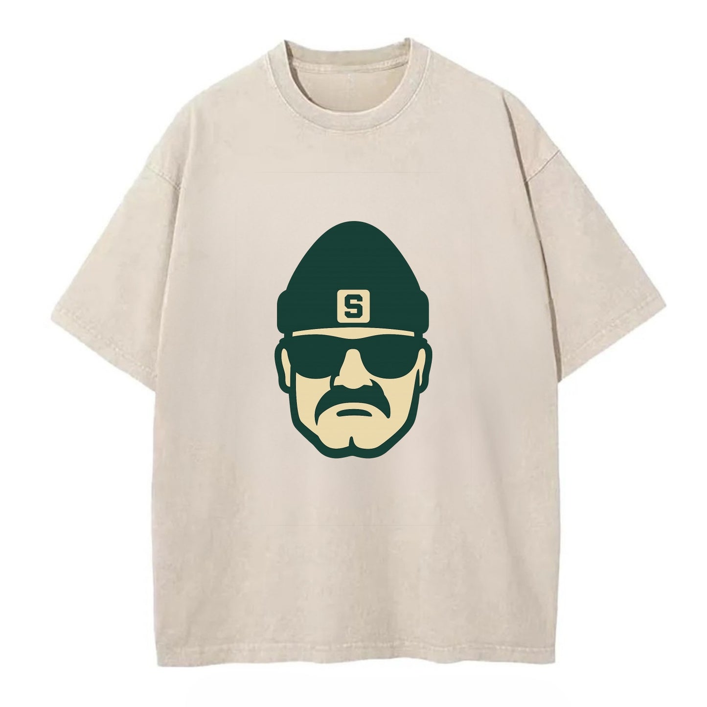 East Lansing Spartan wearing Michigan State beanie with S patch - Vintage T-shirt - Off White