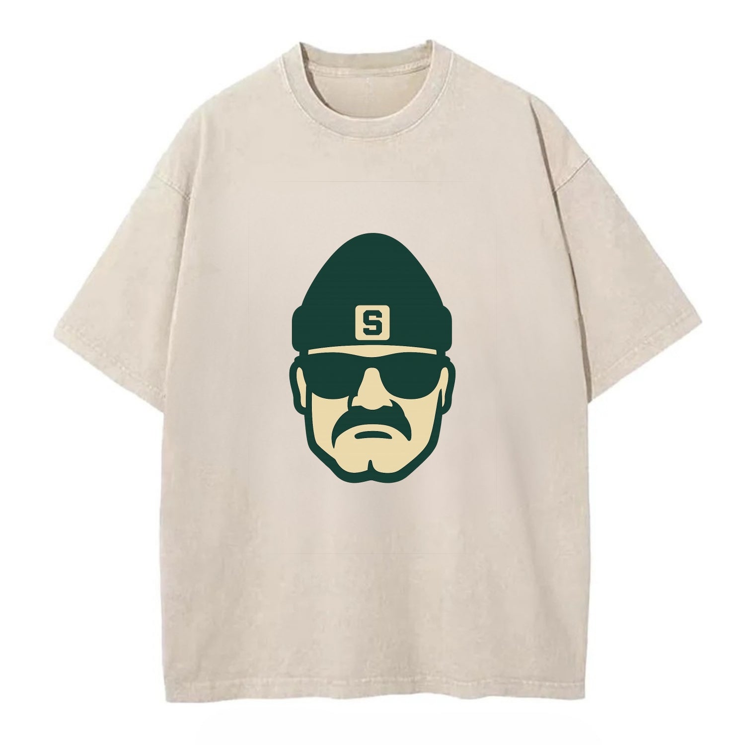 East Lansing Spartan wearing Michigan State beanie with S patch - Vintage T-shirt - Off White