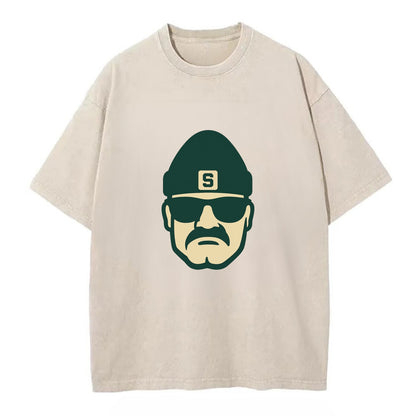 East Lansing Spartan wearing Michigan State beanie with S patch - Vintage T-shirt - Off White