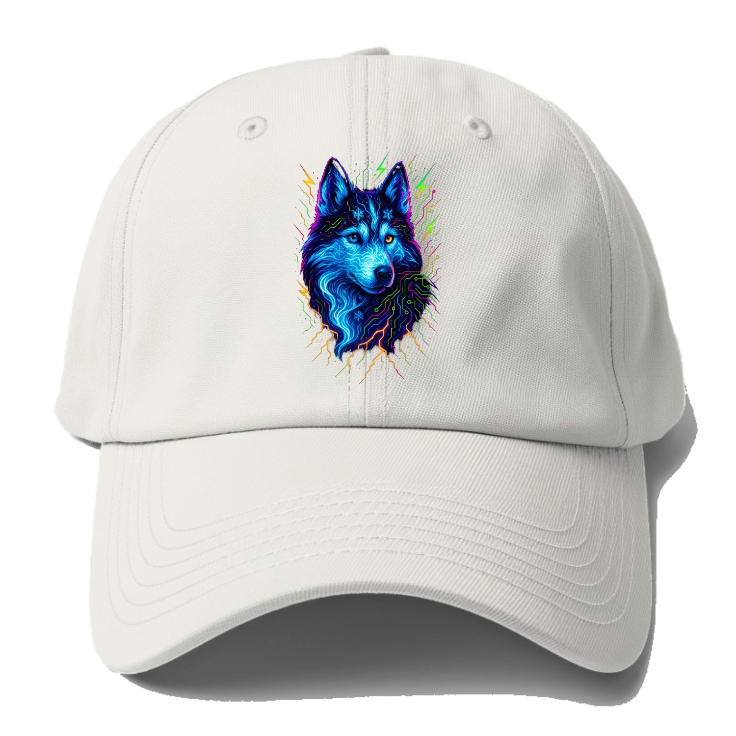 Siberian husky with ice-crystal flowing patterns, electric blue and - Baseball Cap For Big Heads - Off White