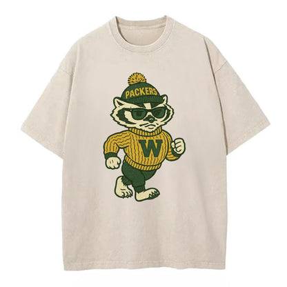 Wisconsin Badger wearing Packers green and gold beanie with pom pom and wayfarer - Vintage T-shirt - Off White