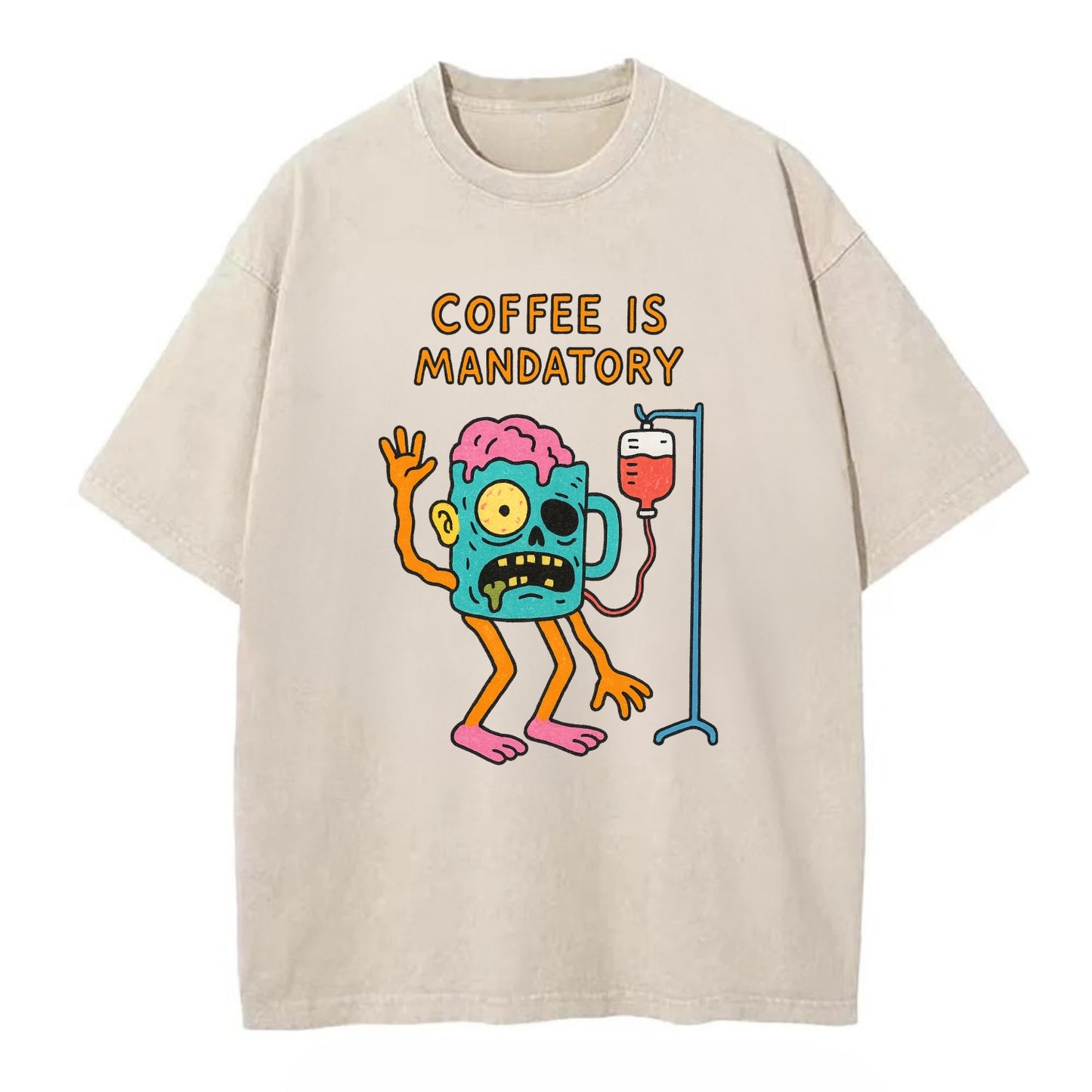 COFFEE IS MANDATORY | Zombie mug with IV drip - Vintage T-shirt - Off White
