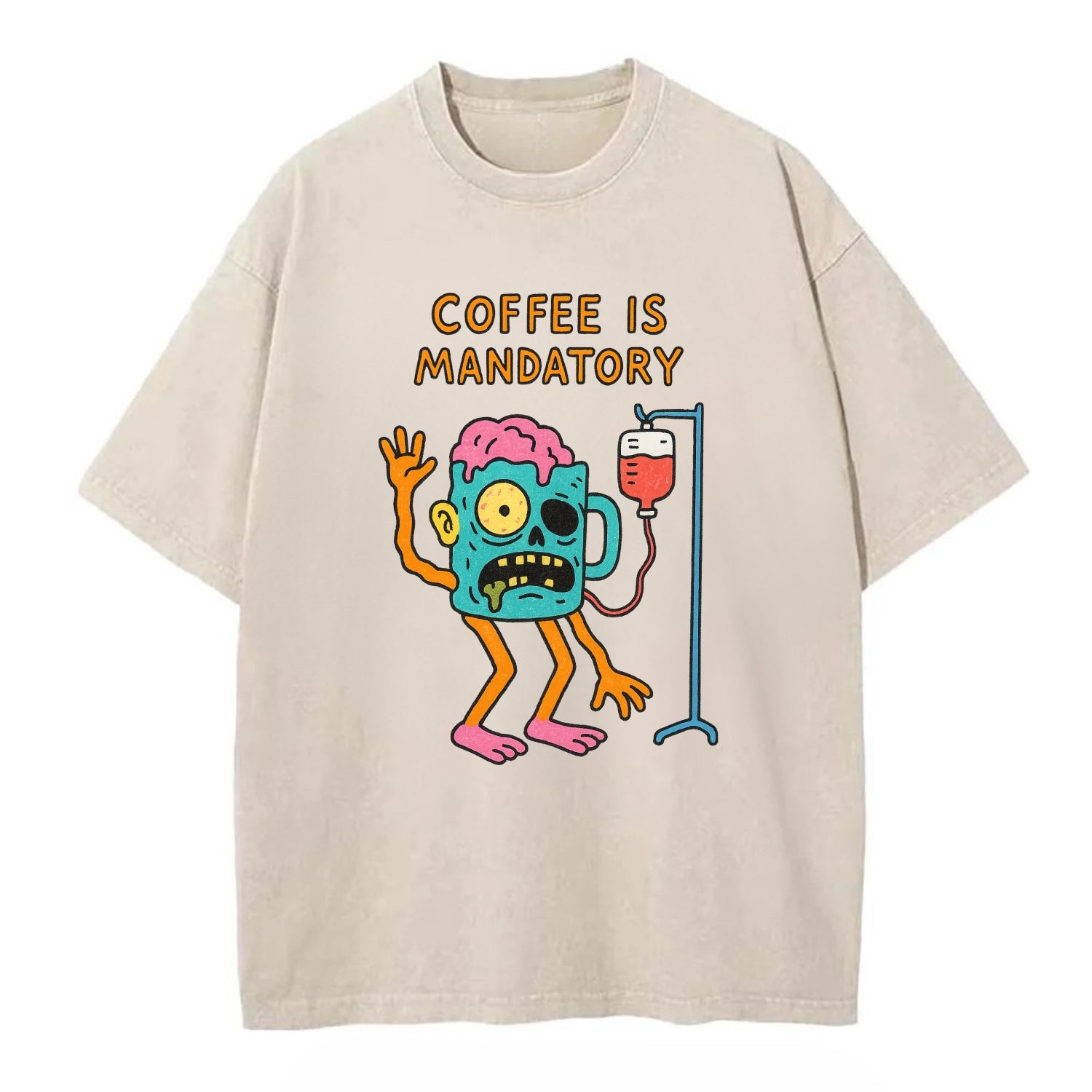 COFFEE IS MANDATORY | Zombie mug with IV drip - Vintage T-shirt - Off White