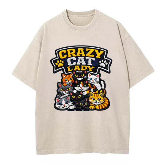CRAZY CAT LADY - cat pile in multicolor , cat collector - Vintage T-shirt - Off White