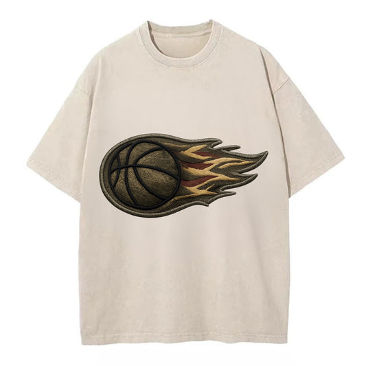 Embroidered patch design - BASKETBALL FLAMING BALL - basketball with flames in - Vintage T-shirt - Off White