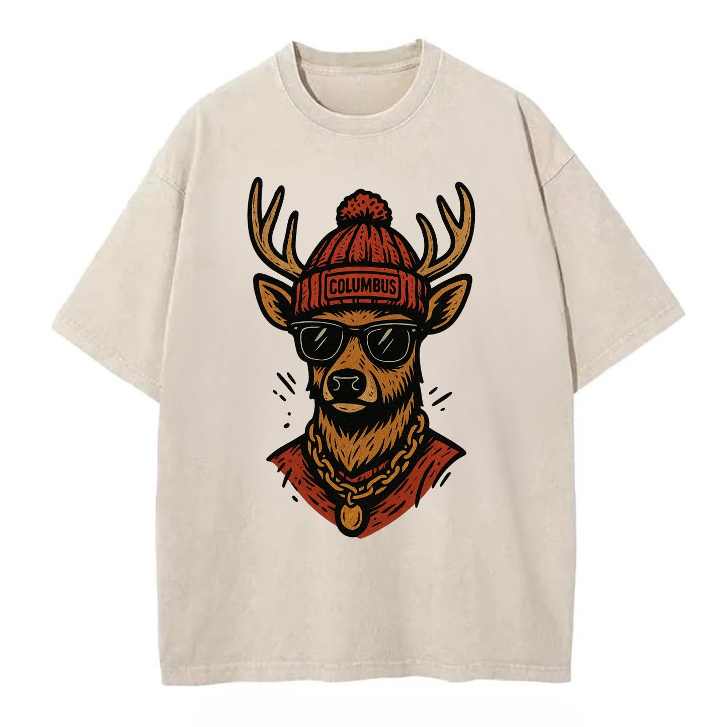 Columbus White-tailed Deer wearing Columbus beanie with pom pom and wayfarer - Vintage T-shirt - Off White