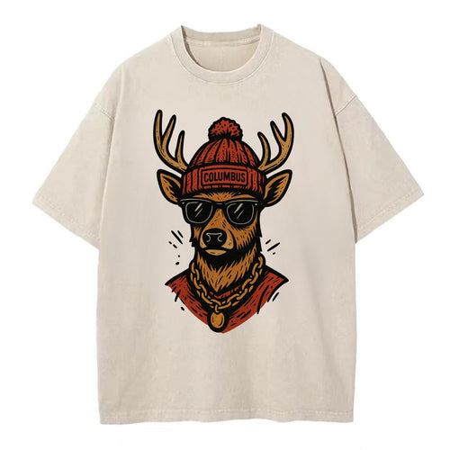 Columbus White-tailed Deer wearing Columbus beanie with pom pom and wayfarer - Vintage T-shirt
