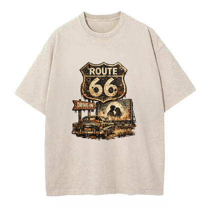 DRIVE-IN | Classic car at drive-in theater | Movie night romance | Americana - Vintage T-shirt - Off White