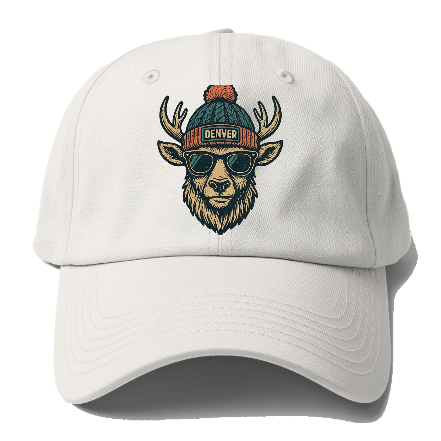 Denver Elk wearing Denver beanie with pom pom and wayfarer sunglasses - Baseball Cap - Off White