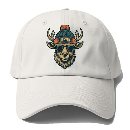 Denver Elk wearing Denver beanie with pom pom and wayfarer sunglasses - Baseball Cap - Off White