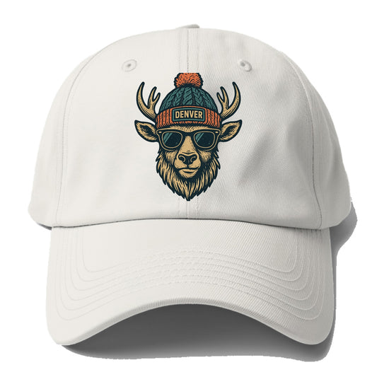 Denver Elk wearing Denver beanie with pom pom and wayfarer sunglasses - Baseball Cap - Off White