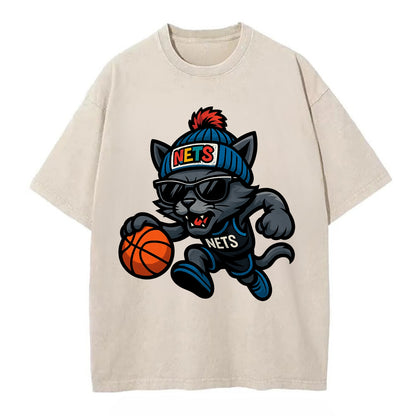 Brooklyn Cat wearing Nets beanie with street art patch and wayfarer sunglasses - Vintage T-shirt - Off White