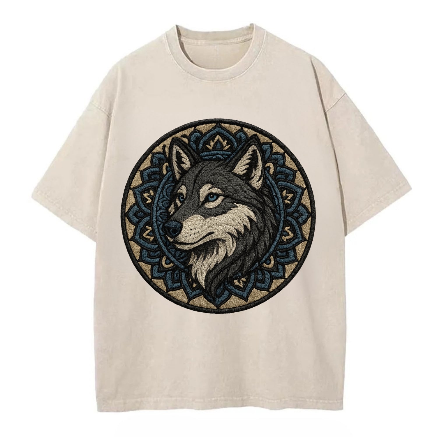 Mandala Wolf Pattern  - Vintage T-shirt - Off White