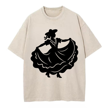 Mexican folk dancer twirling skirt - Vintage T-shirt - Off White