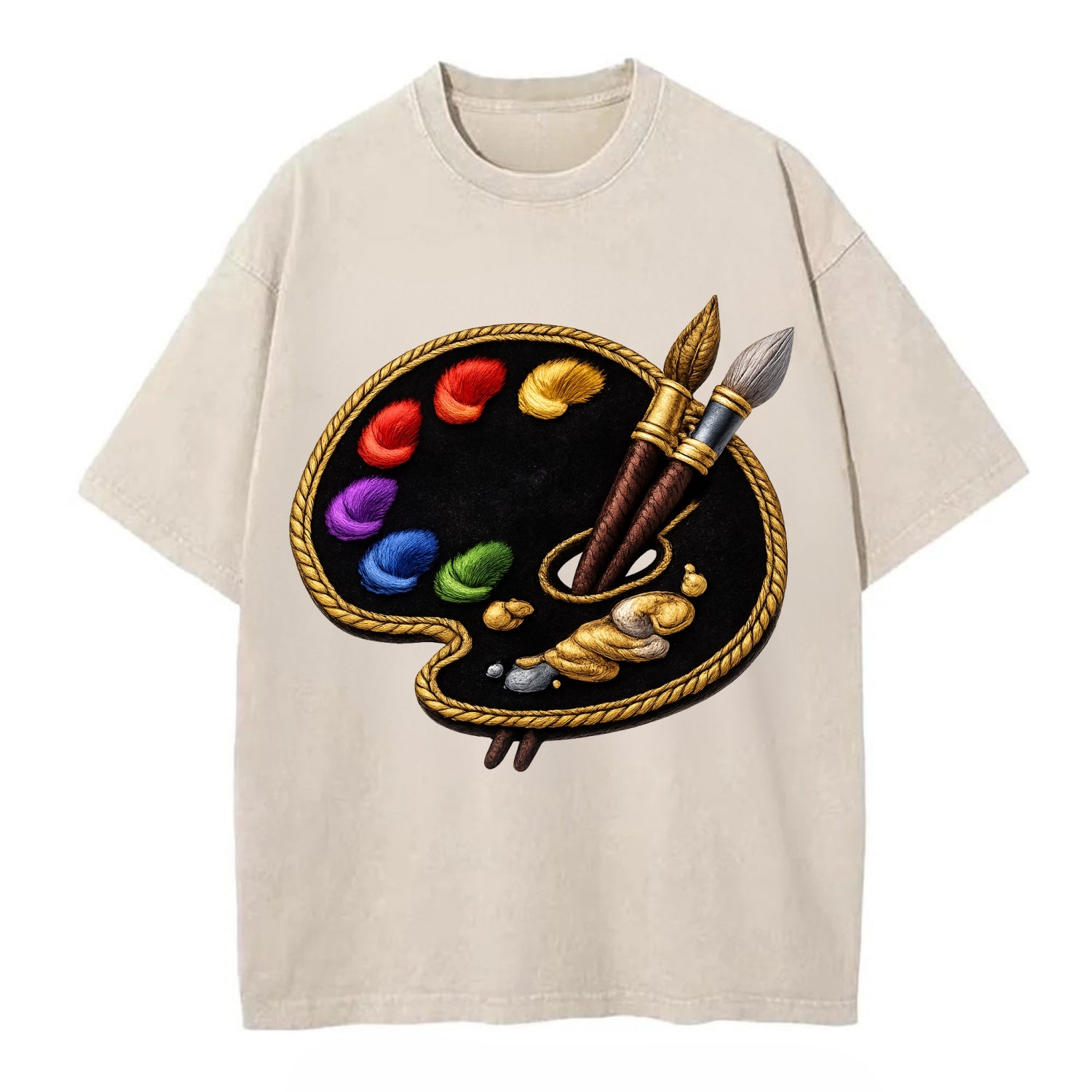 Embroidered patch design - PAINT PALETTE - artist palette with brushes in rainbow - Vintage T-shirt - Off White