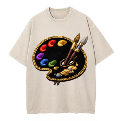 Embroidered patch design - PAINT PALETTE - artist palette with brushes in rainbow - Vintage T-shirt - Off White