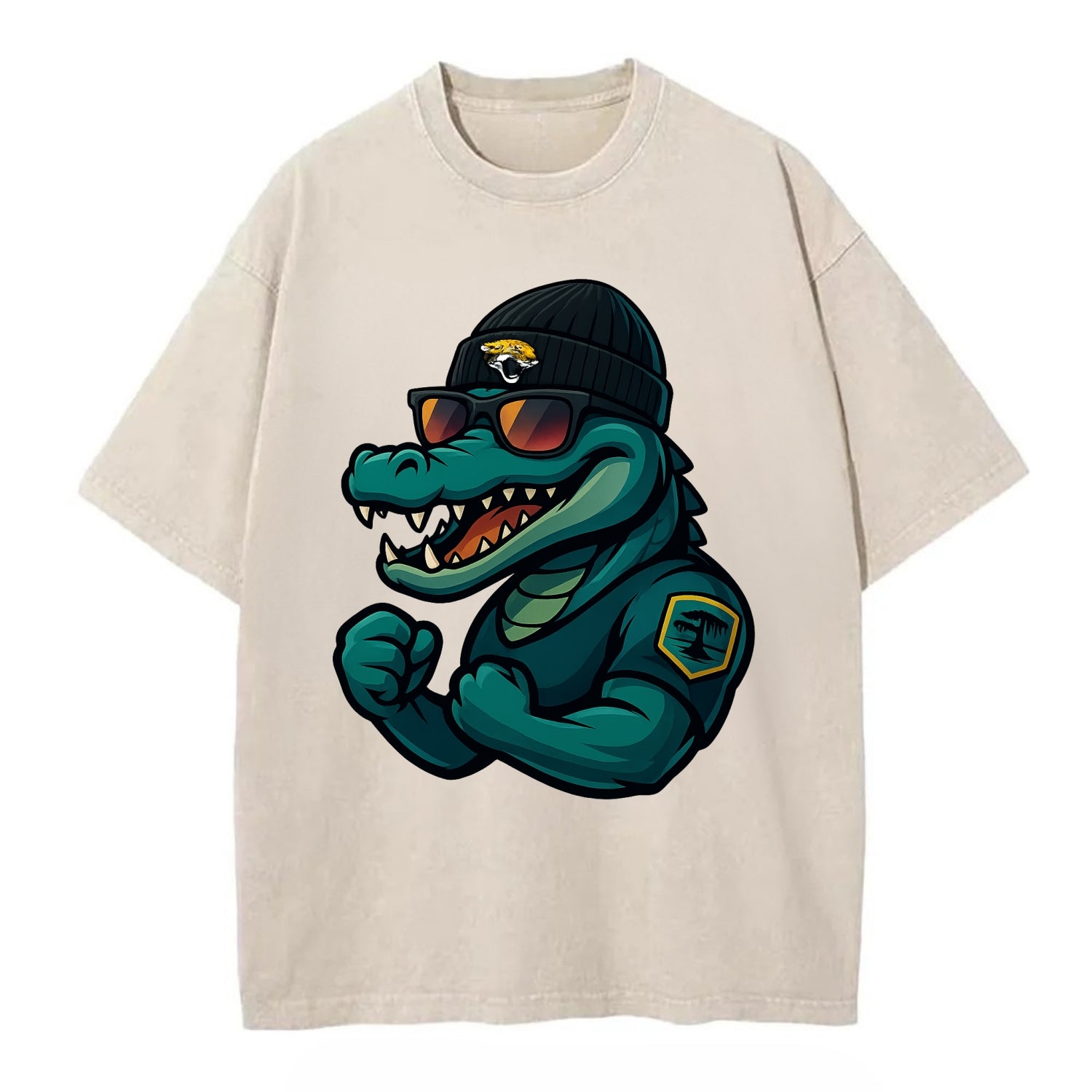 Jacksonville Alligator wearing Jaguars beanie with swamp patch and wayfarer - Vintage T-shirt - Off White