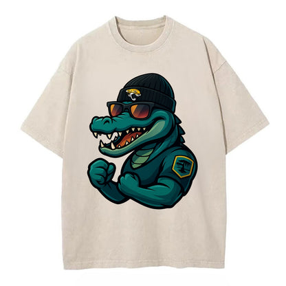 Jacksonville Alligator wearing Jaguars beanie with swamp patch and wayfarer - Vintage T-shirt - Off White