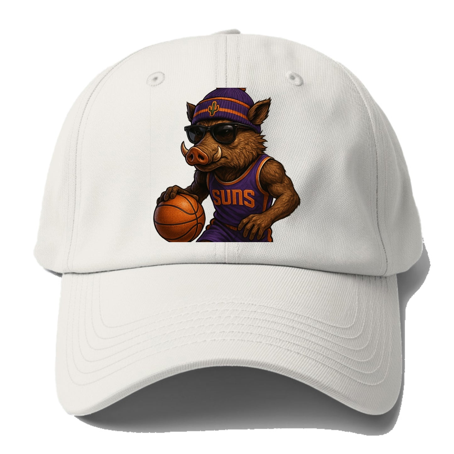 Phoenix Javelina wearing Suns beanie with cactus patch and wayfarer sunglasses - Baseball Cap - Off White