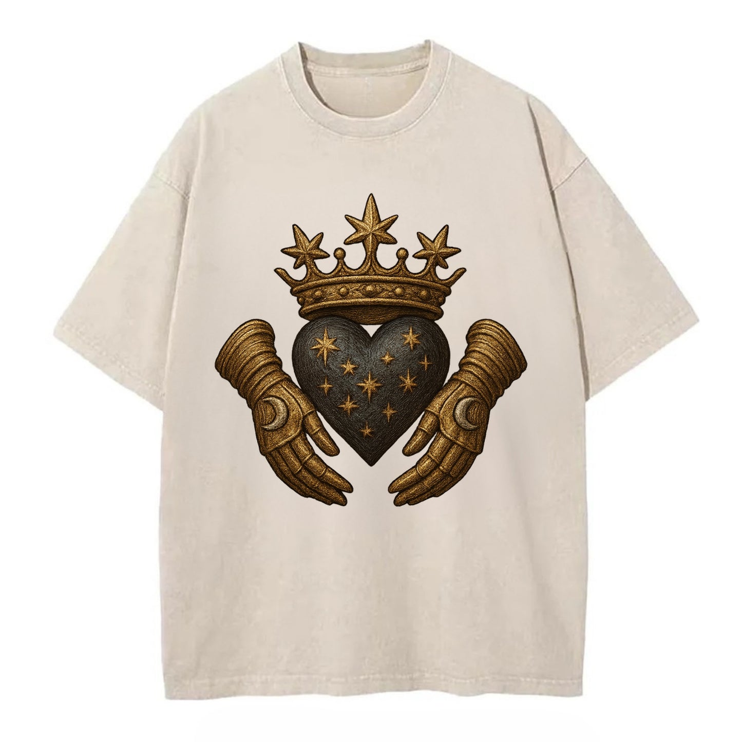 Ice crystal crown framing a frosted heart with fur-trimmed winter hands embracing - Vintage T-shirt - Off White