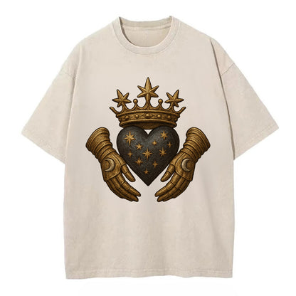 Ice crystal crown framing a frosted heart with fur-trimmed winter hands embracing - Vintage T-shirt - Off White