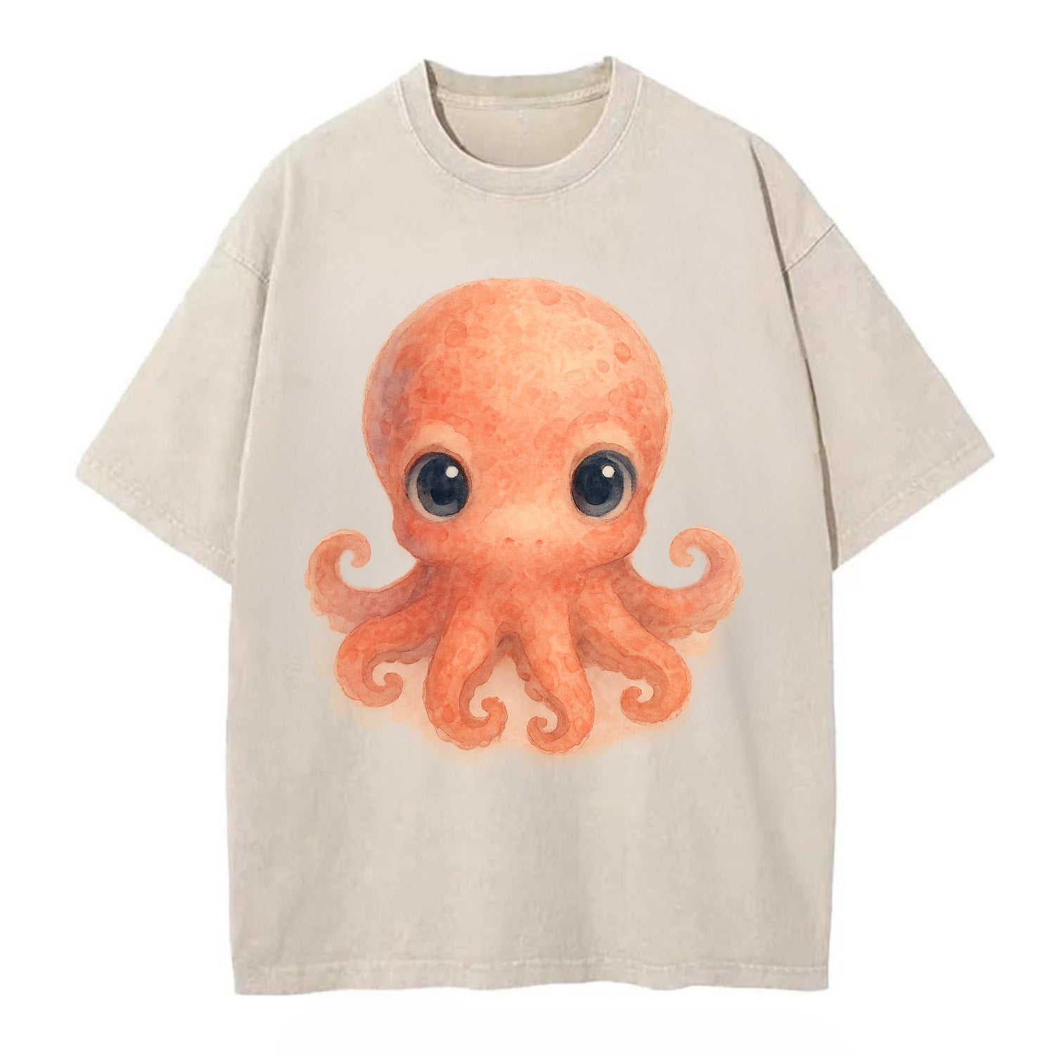 Baby Octopus - red-orange, eight tiny tentacles curled, large intelligent eyes, - Vintage T-shirt - Off White