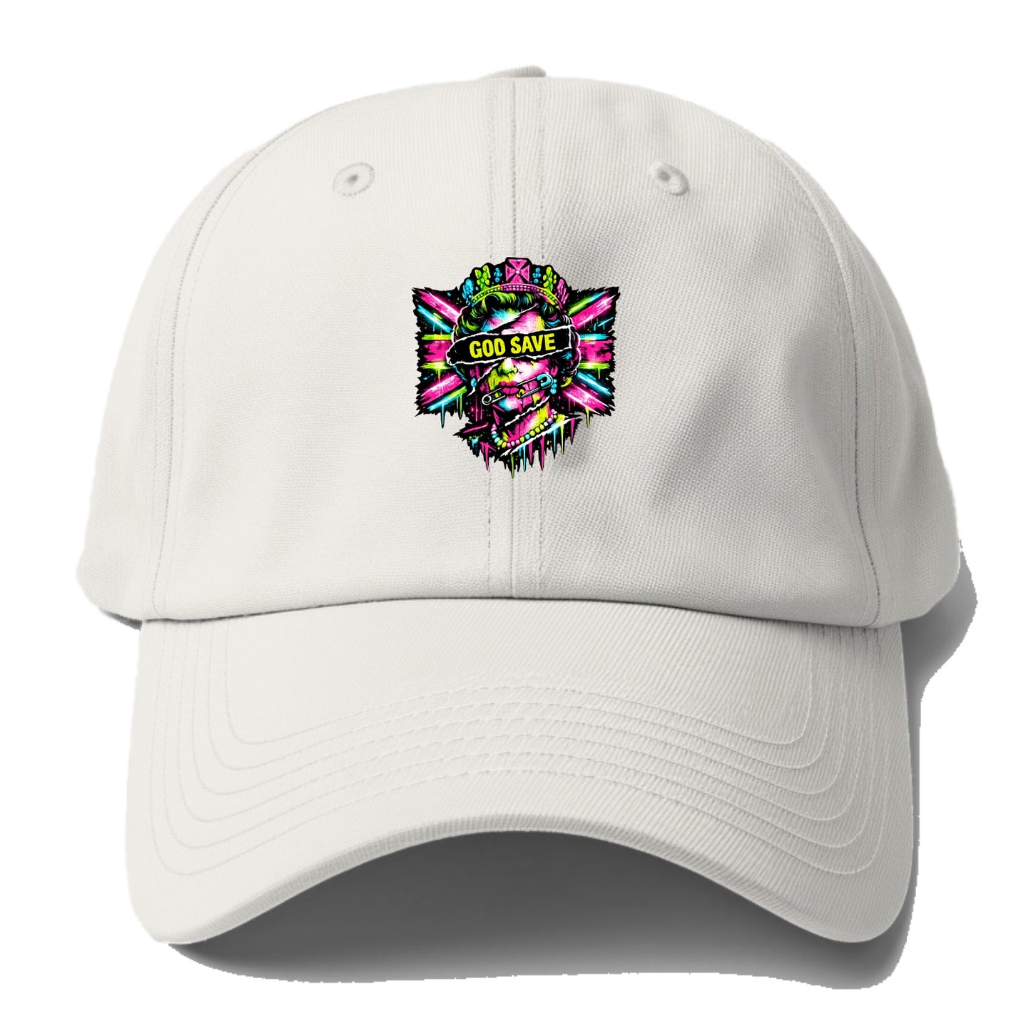 GOD SAVE | Torn royal portrait style | Blackout bar across eyes | Safety pin through - Baseball Cap - Off White