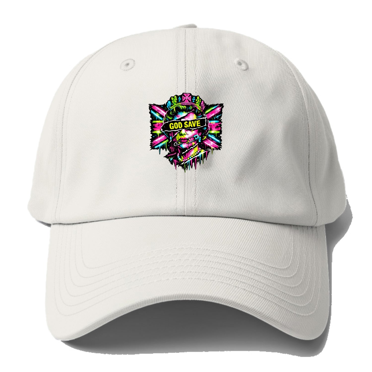 GOD SAVE | Torn royal portrait style | Blackout bar across eyes | Safety pin through - Baseball Cap - Off White