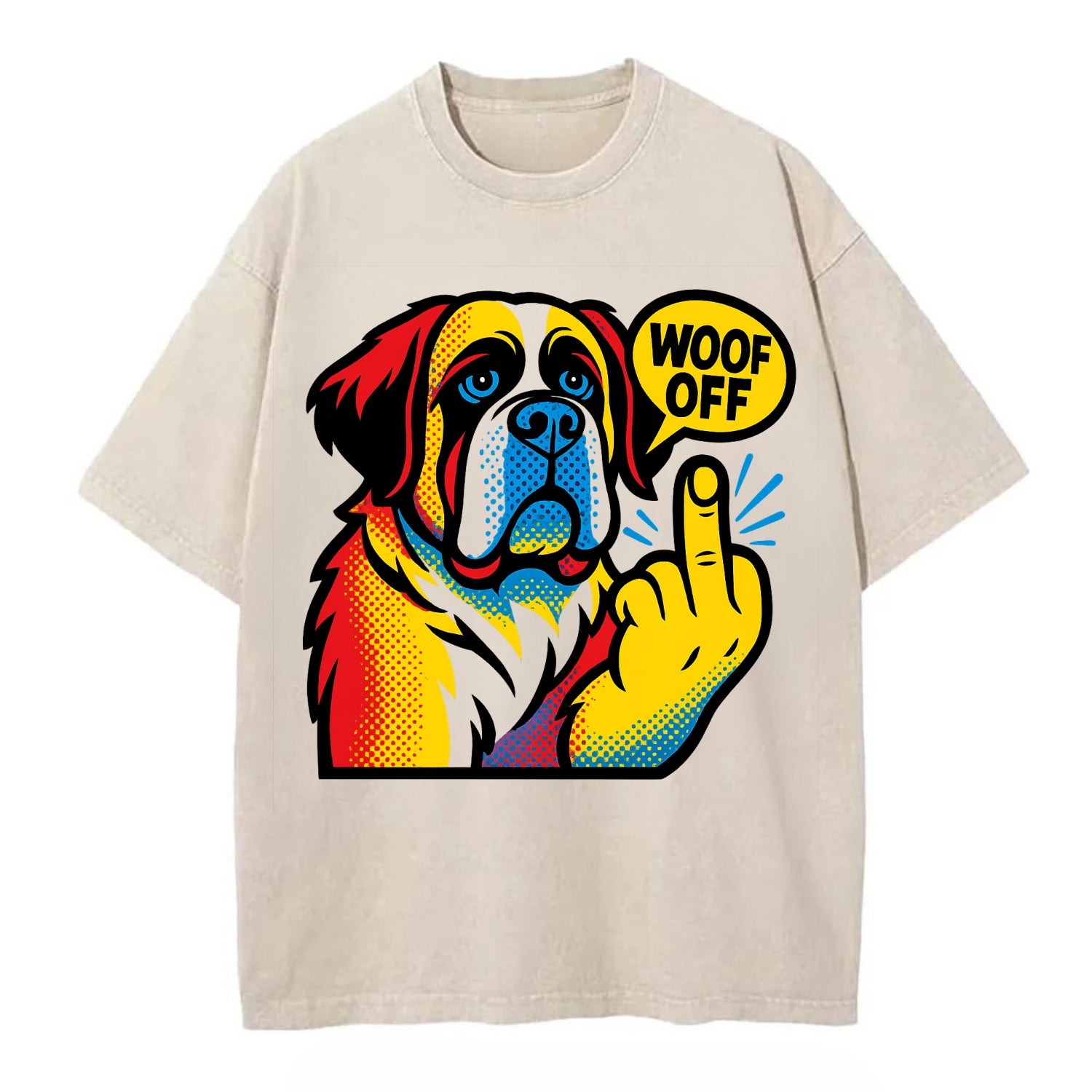 Saint Bernard with gentle giant face and droopy jowls, huge paw raised - Vintage T-shirt - Off White