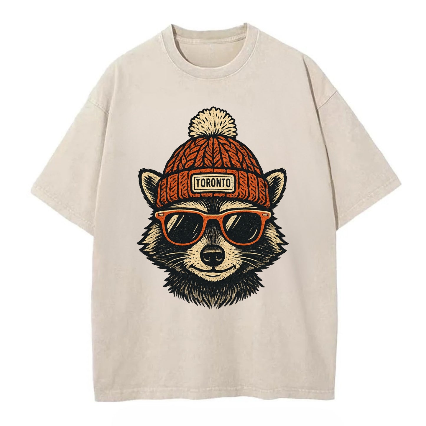 Toronto Raccoon wearing Toronto beanie with pom pom and wayfarer sunglasses - Vintage T-shirt - Off White