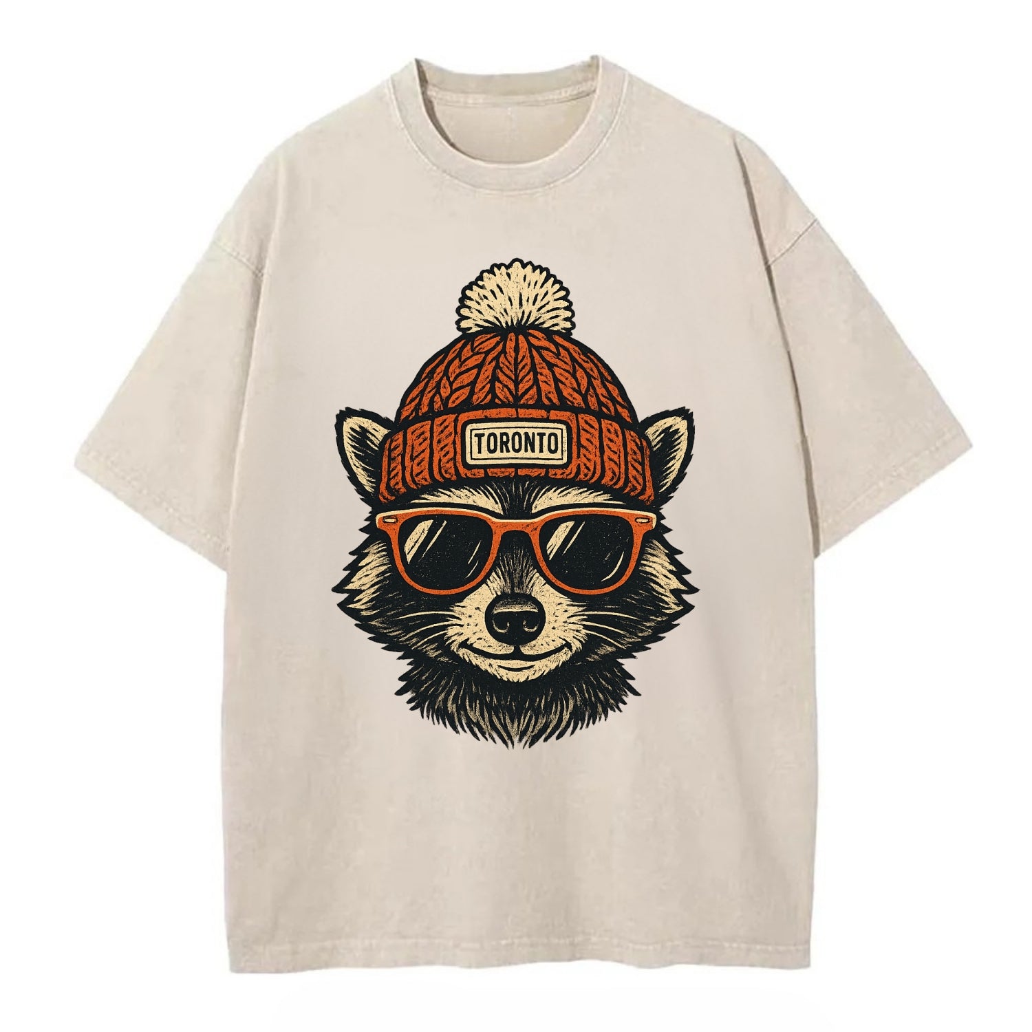 Toronto Raccoon wearing Toronto beanie with pom pom and wayfarer sunglasses - Vintage T-shirt - Off White