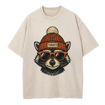 Toronto Raccoon wearing Toronto beanie with pom pom and wayfarer sunglasses - Vintage T-shirt - Off White