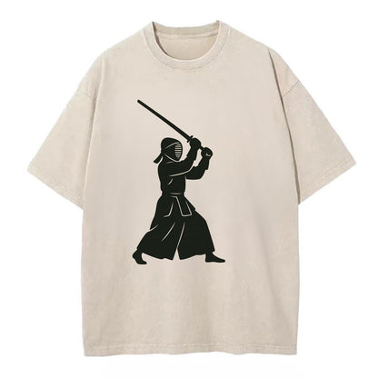 Kendo swordsman in striking stance - Vintage T-shirt - Off White