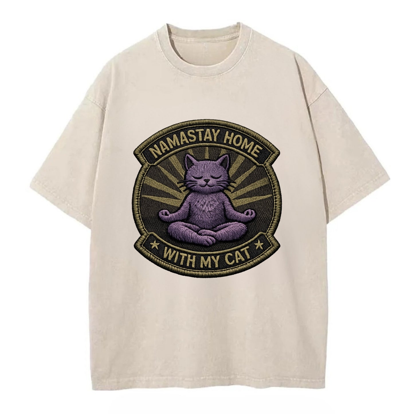 NAMASTAY HOME WITH MY CAT - yoga cat in purple , introvert cat - Vintage T-shirt - Off White