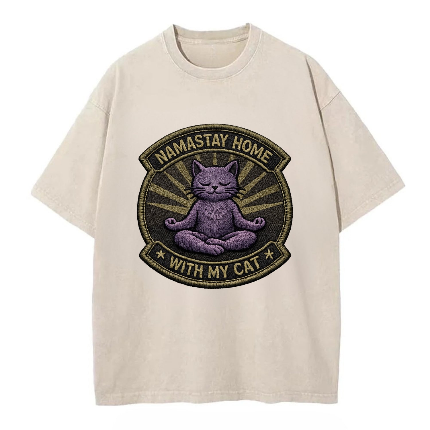 NAMASTAY HOME WITH MY CAT - yoga cat in purple , introvert cat - Vintage T-shirt - Off White