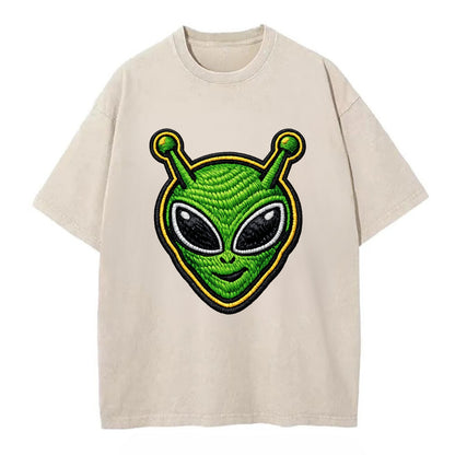 ALIEN MARTIAN - green alien with antenna in green , little green man - Vintage T-shirt - Off White