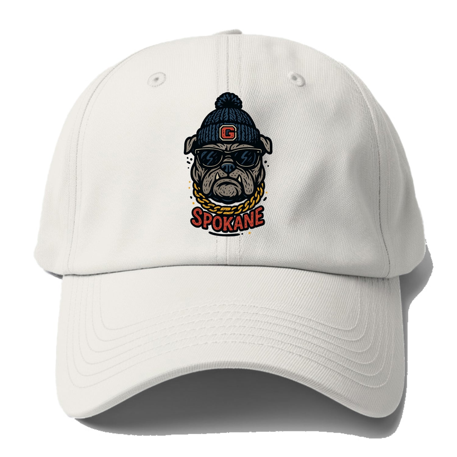 Spokane Bulldog wearing Gonzaga beanie with G patch - Baseball Cap For Big Heads - Off White