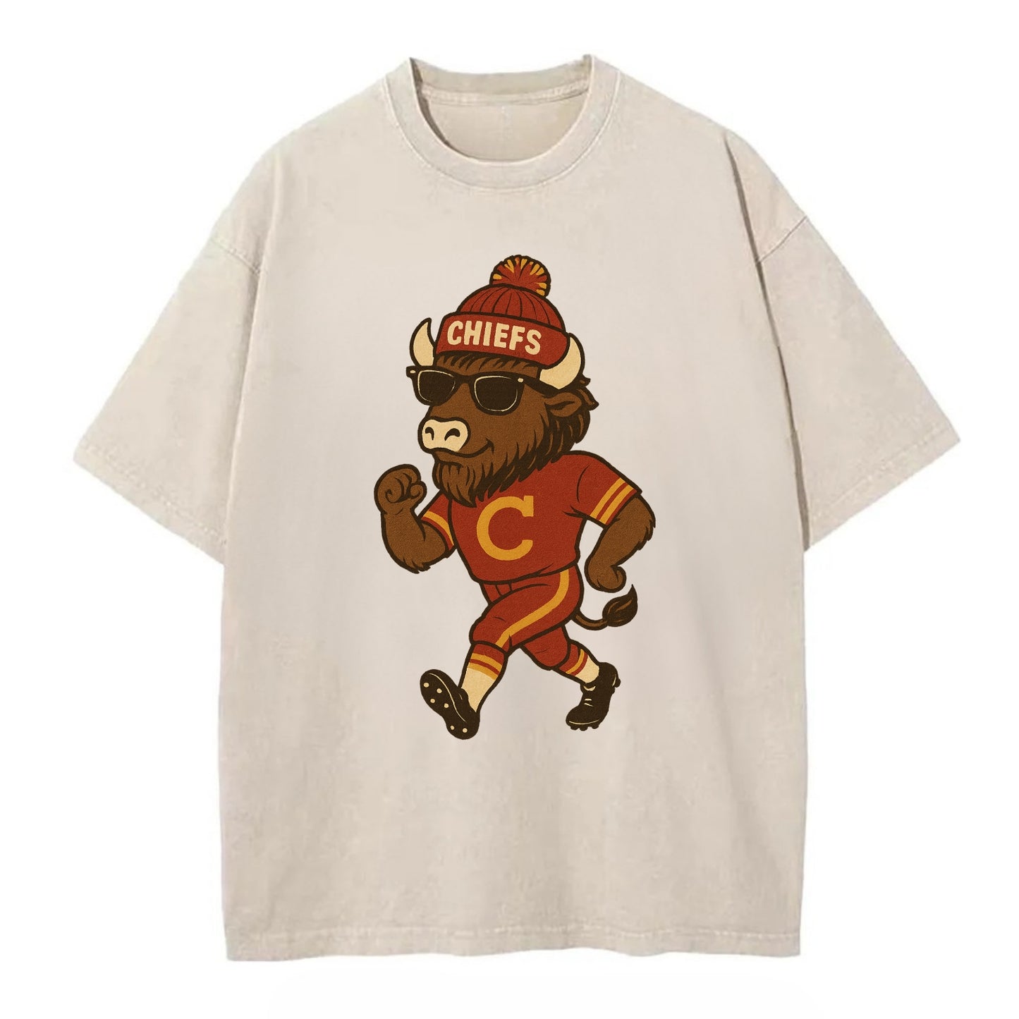 KC Bison wearing Chiefs beanie with arrowhead patch and wayfarer sunglasses - Vintage T-shirt - Off White