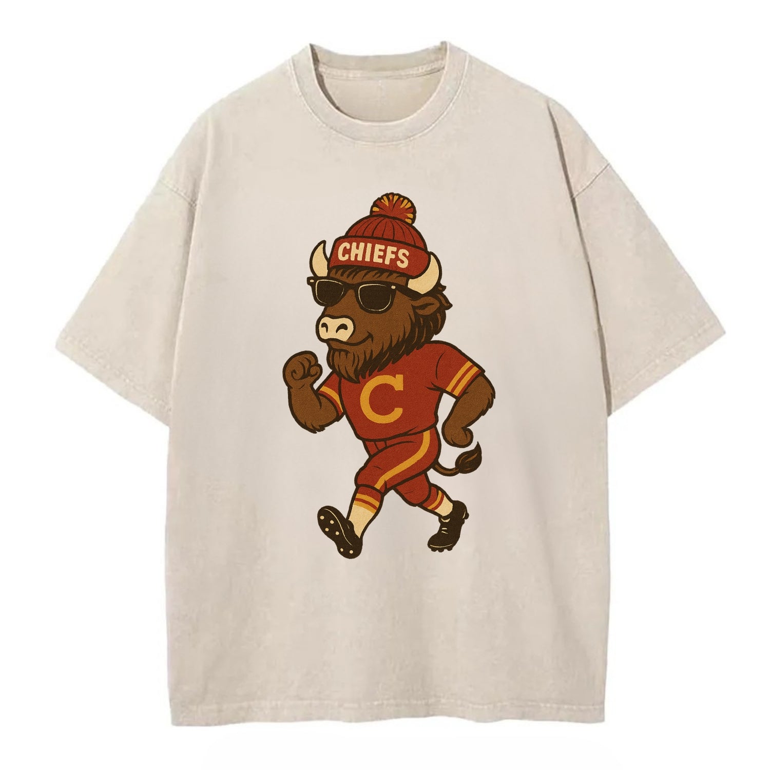 KC Bison wearing Chiefs beanie with arrowhead patch and wayfarer sunglasses - Vintage T-shirt - Off White
