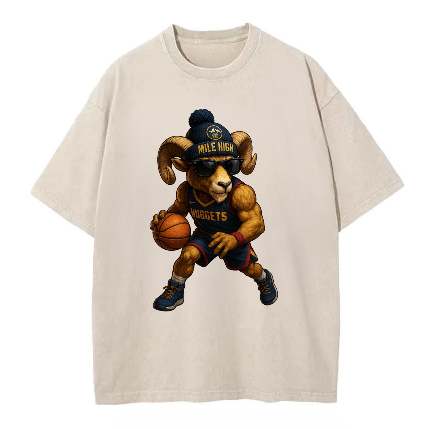 Mile High Bighorn wearing Nuggets beanie with mountain patch and wayfarer - Vintage T-shirt - Off White