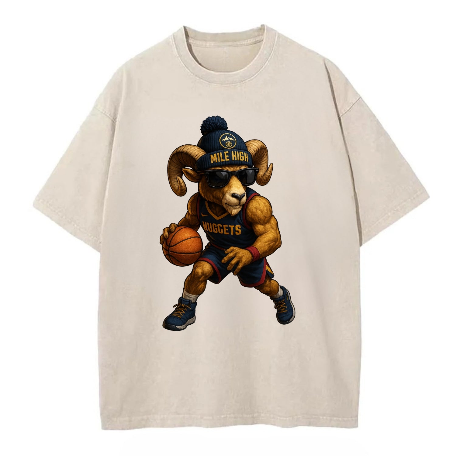 Mile High Bighorn wearing Nuggets beanie with mountain patch and wayfarer - Vintage T-shirt - Off White